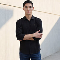 Full Sleeves Slim Fit Black Textured Solid Knit Shirt