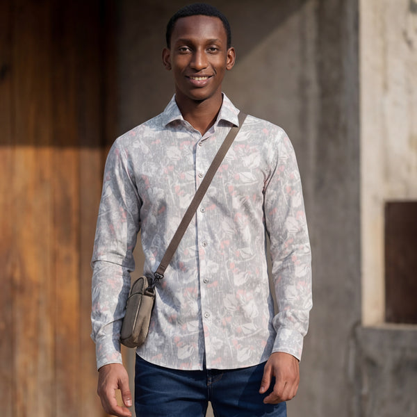 Full Sleeves Slim Fit Green All Over Grunge Floral Print Knit Shirt