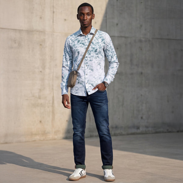 Full Sleeves Slim Fit Green All Over Digital Camou Print Knit Shirt