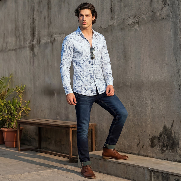 Full Sleeves Slim Fit Blue All Over Digital Camou Print Knit Shirt