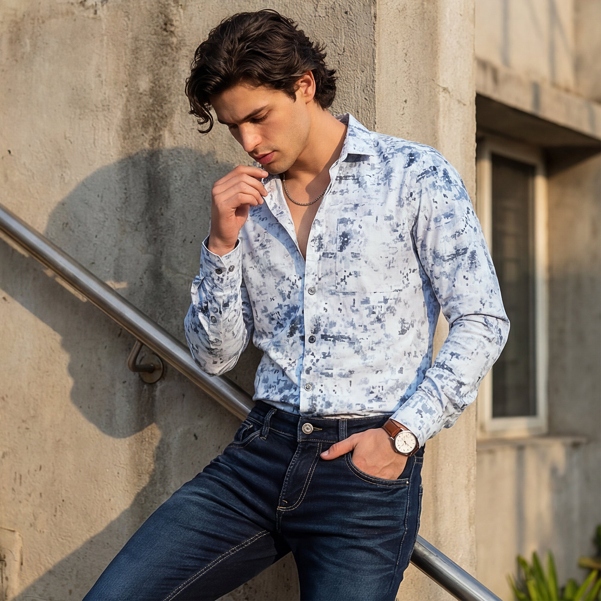 Men Blue Printed Slim Fit Shirt