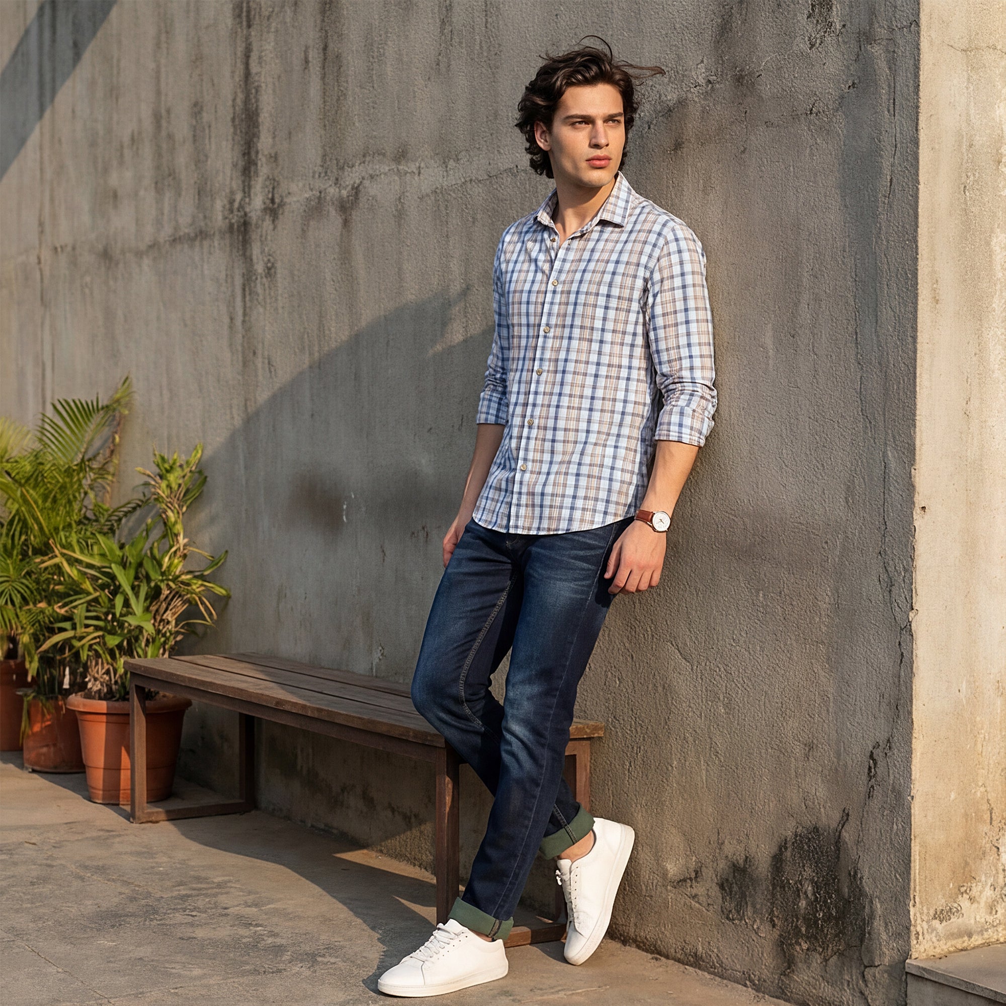 Men White Checks Slim Fit Shirt