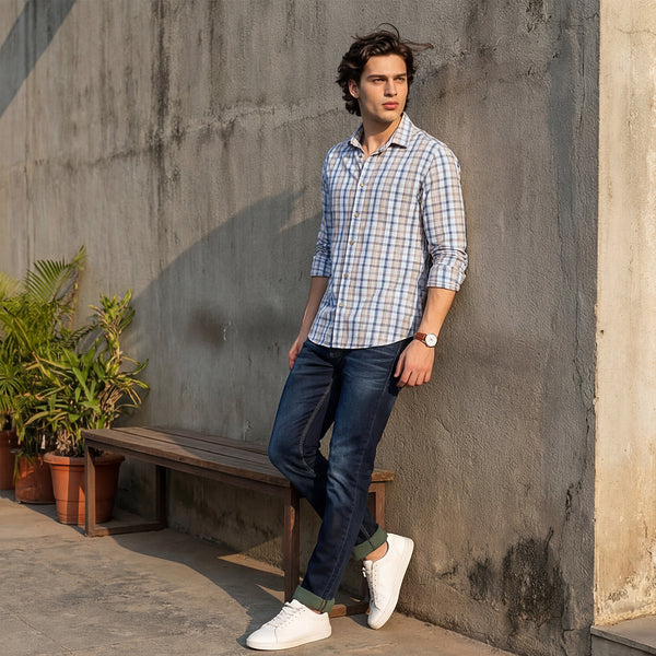 Full Sleeves Slim Fit White Classic Checks Shirt