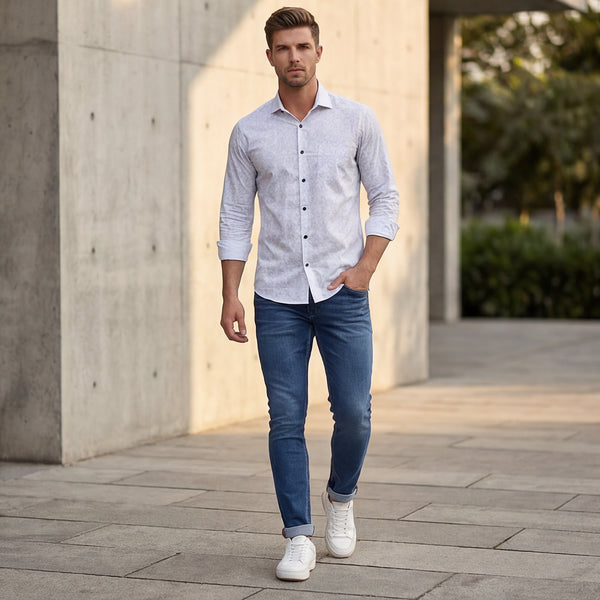 Full Sleeves Slim Fit Beige All Over Abstract Line Print Shirt