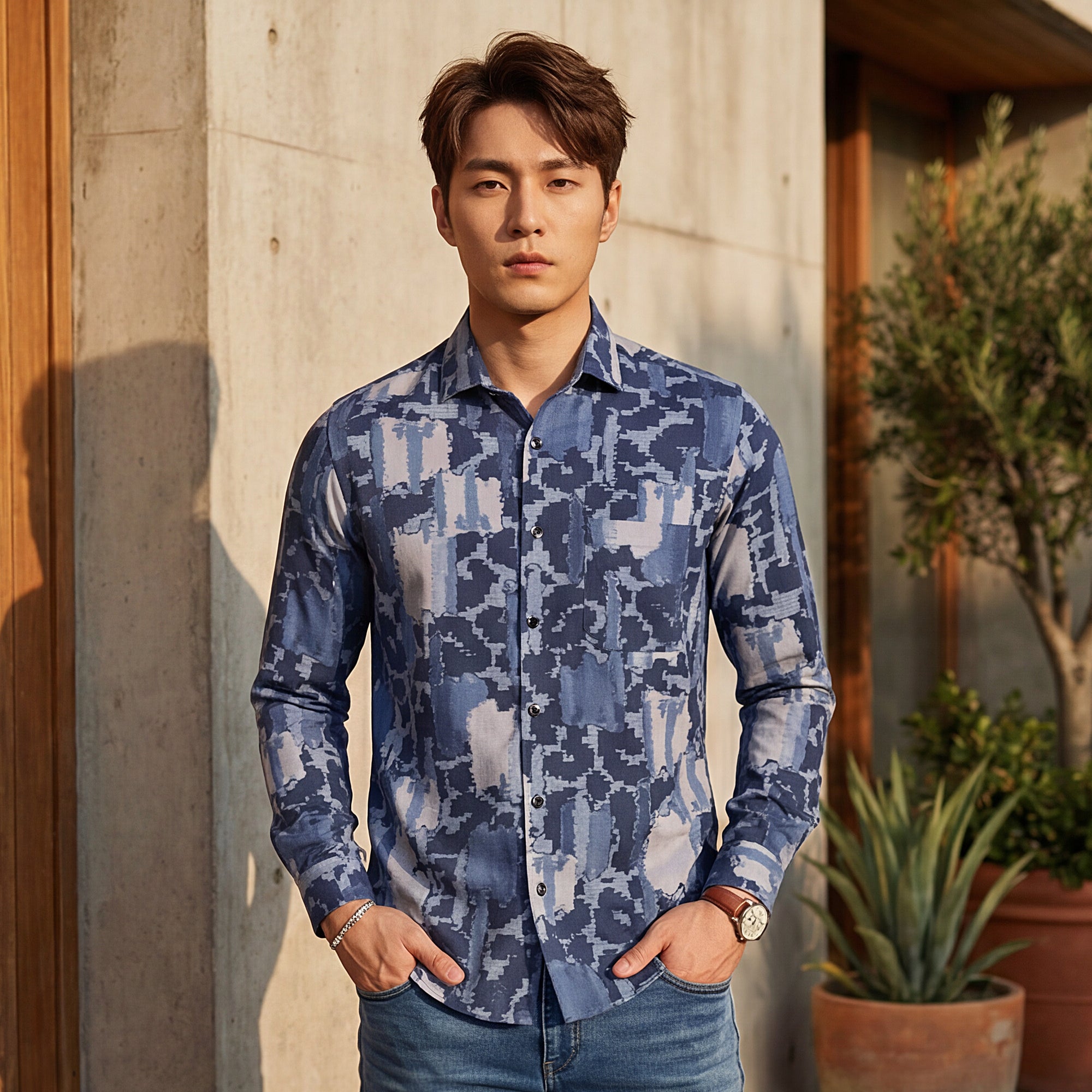 Full Sleeves Slim Fit Purple All over Abstract Camou Dobby Textured Print Shirt