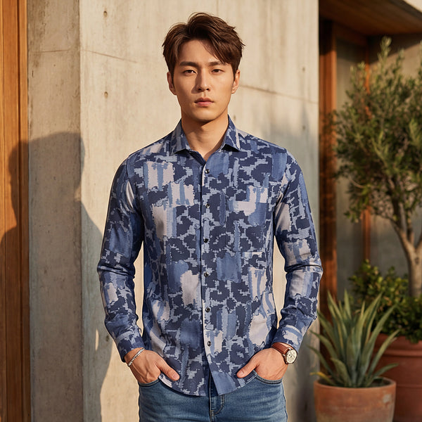 Full Sleeves Slim Fit Purple All over Abstract Camou Dobby Textured Print Shirt