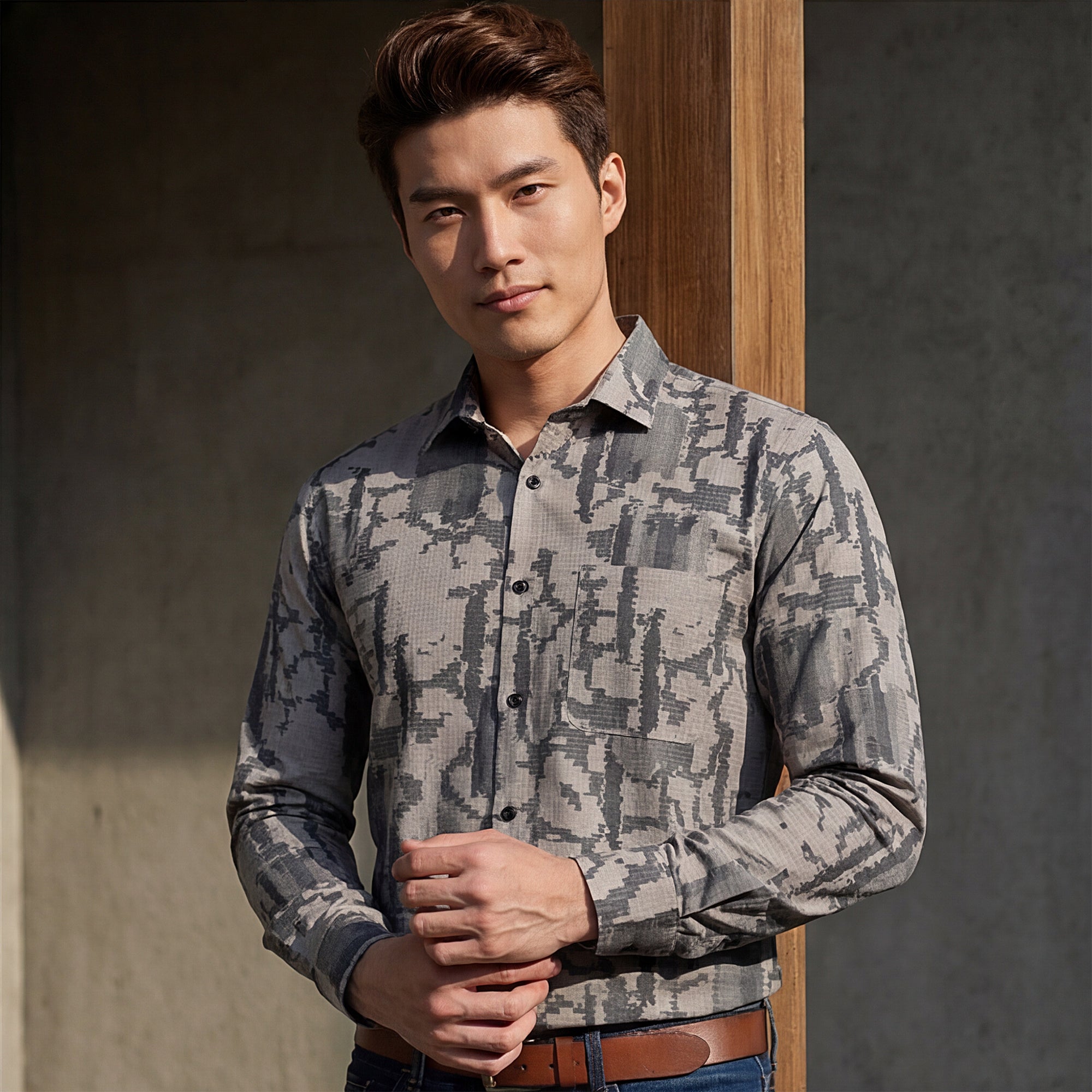 Full Sleeves Slim Fit Camel All over Abstract Dobby Textured Print Shirt