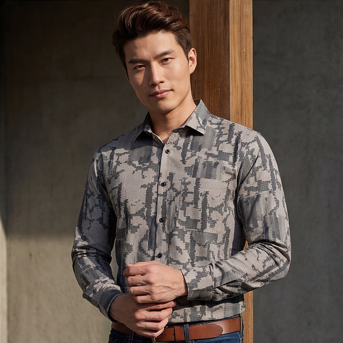 Full Sleeves Slim Fit Camel All over Abstract Dobby Textured Print Shirt