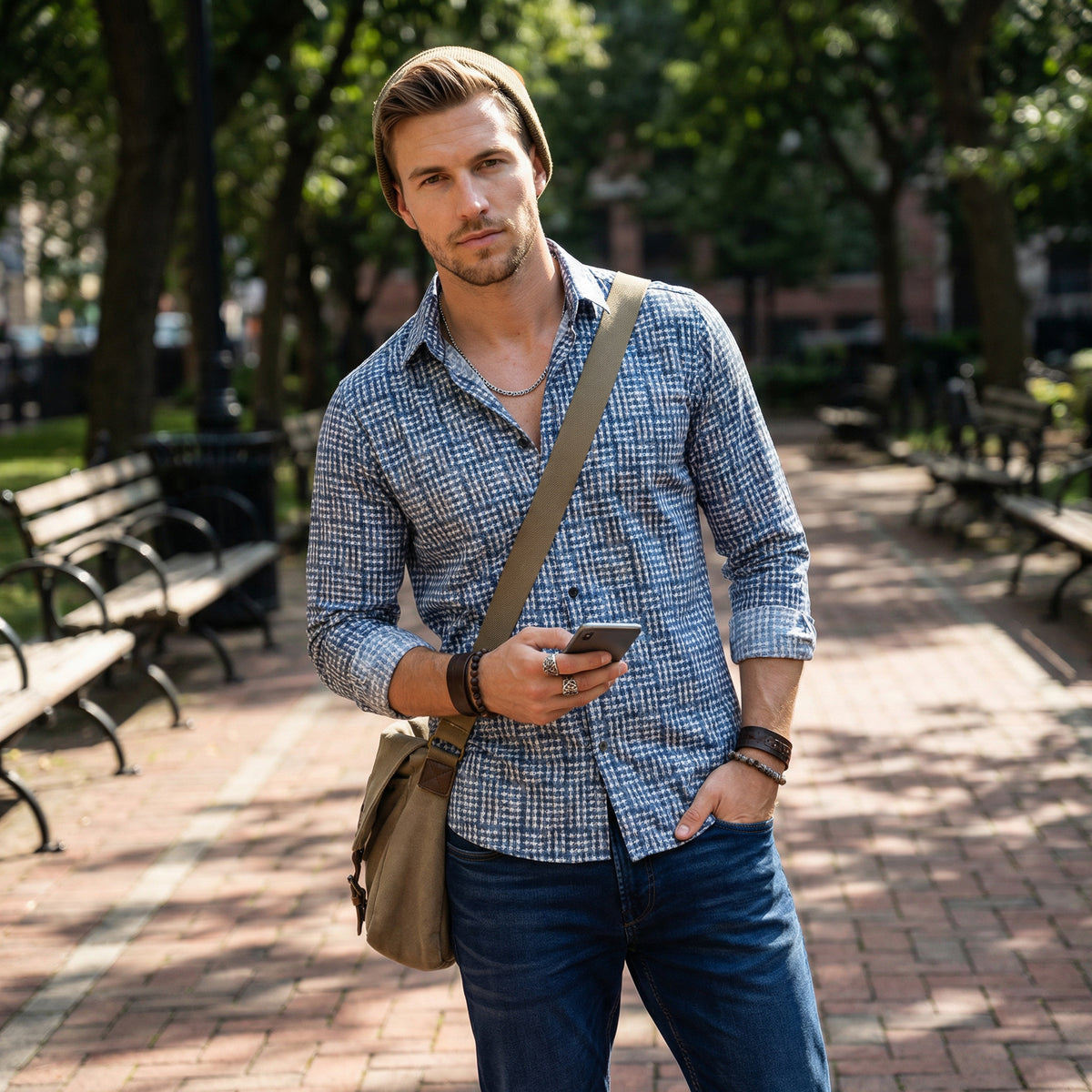 Full Sleeves Slim Fit Blue All over Abstract Houndstooth textured Print Shirt