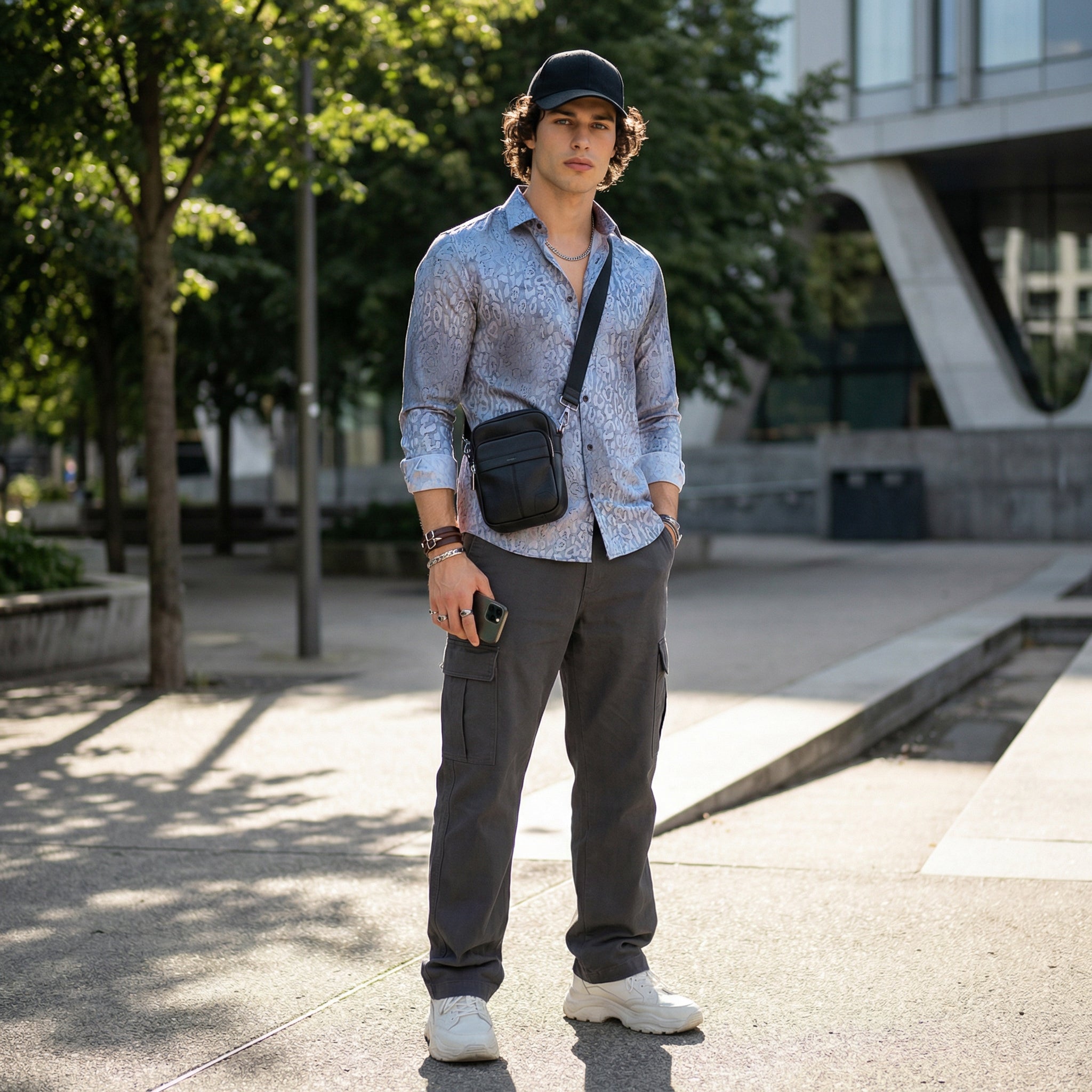 Full Sleeves Slim Fit Grey All over Abstract Round Foil Textured Print Shirt