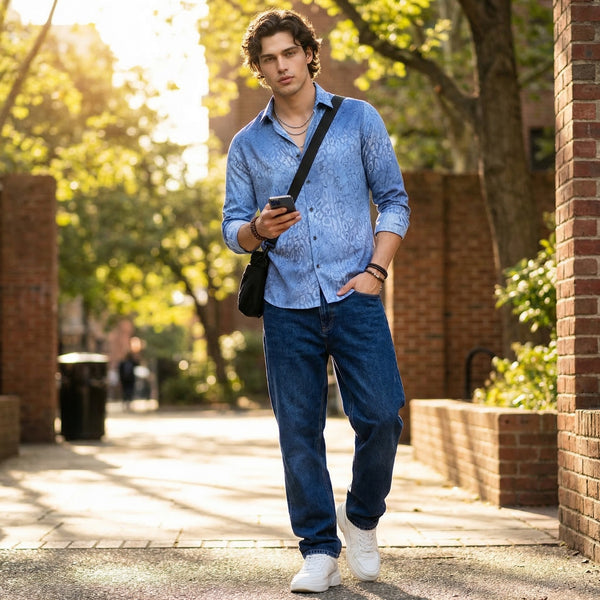 Full Sleeves Slim Fit Blue All over Abstract Round Foil Textured Print Shirt