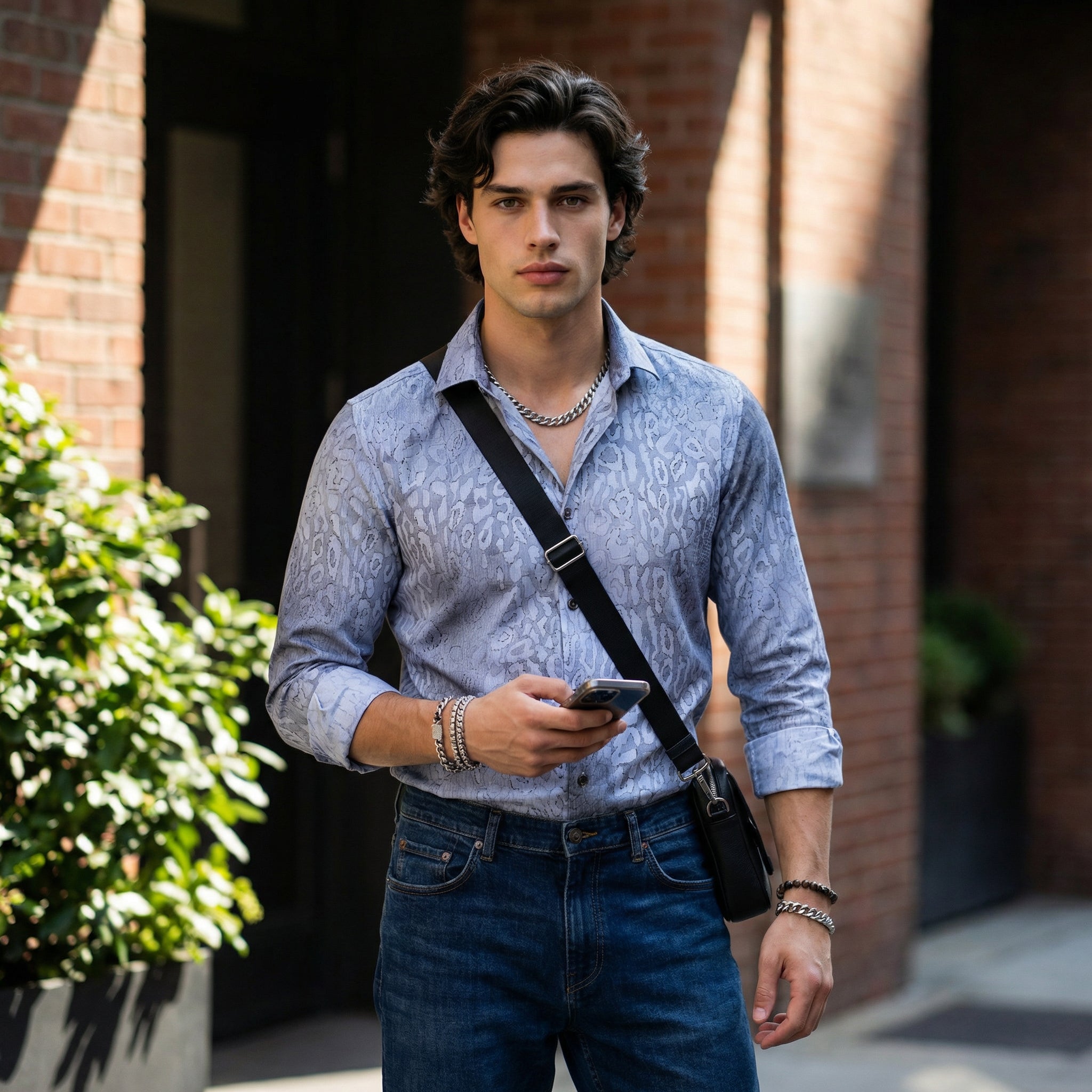 Full Sleeves Slim Fit Grey All over Abstract Round Foil Textured Print Shirt
