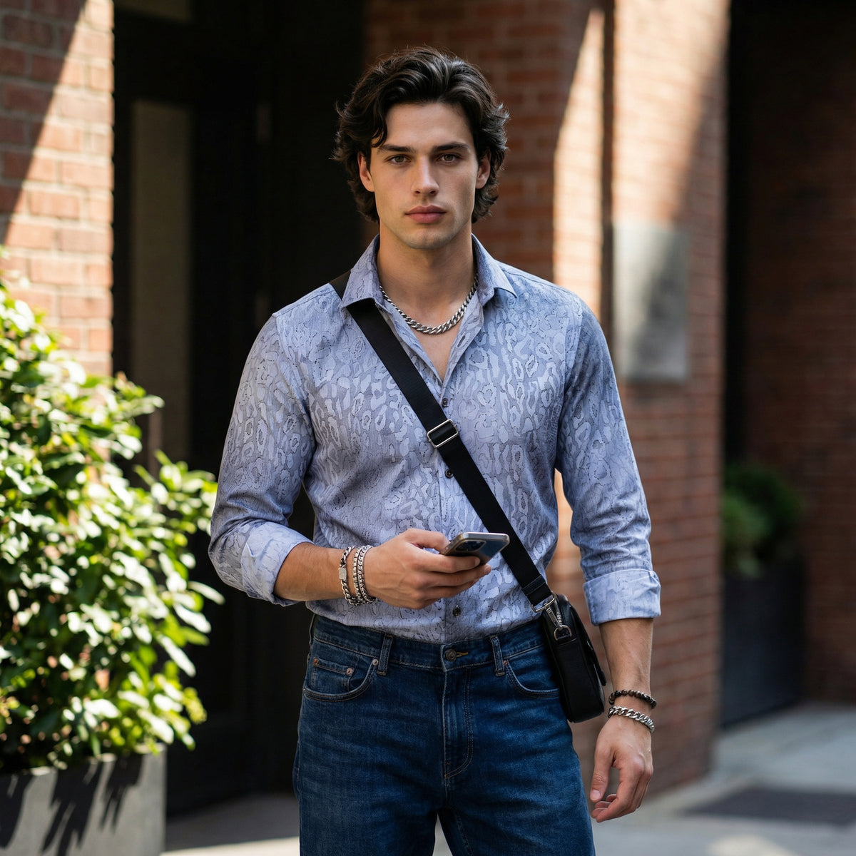 Full Sleeves Slim Fit Grey All over Abstract Round Foil Textured Print Shirt