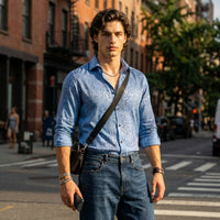 Full Sleeves Slim Fit Blue All over Abstract Round Foil Textured Print Shirt
