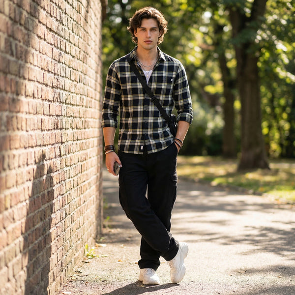 Full Sleeves Slim Fit Navy Crepe Weave Checks Shirt