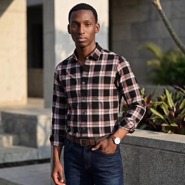 Full Sleeves Slim Fit Black Crepe Weave Checks Shirt