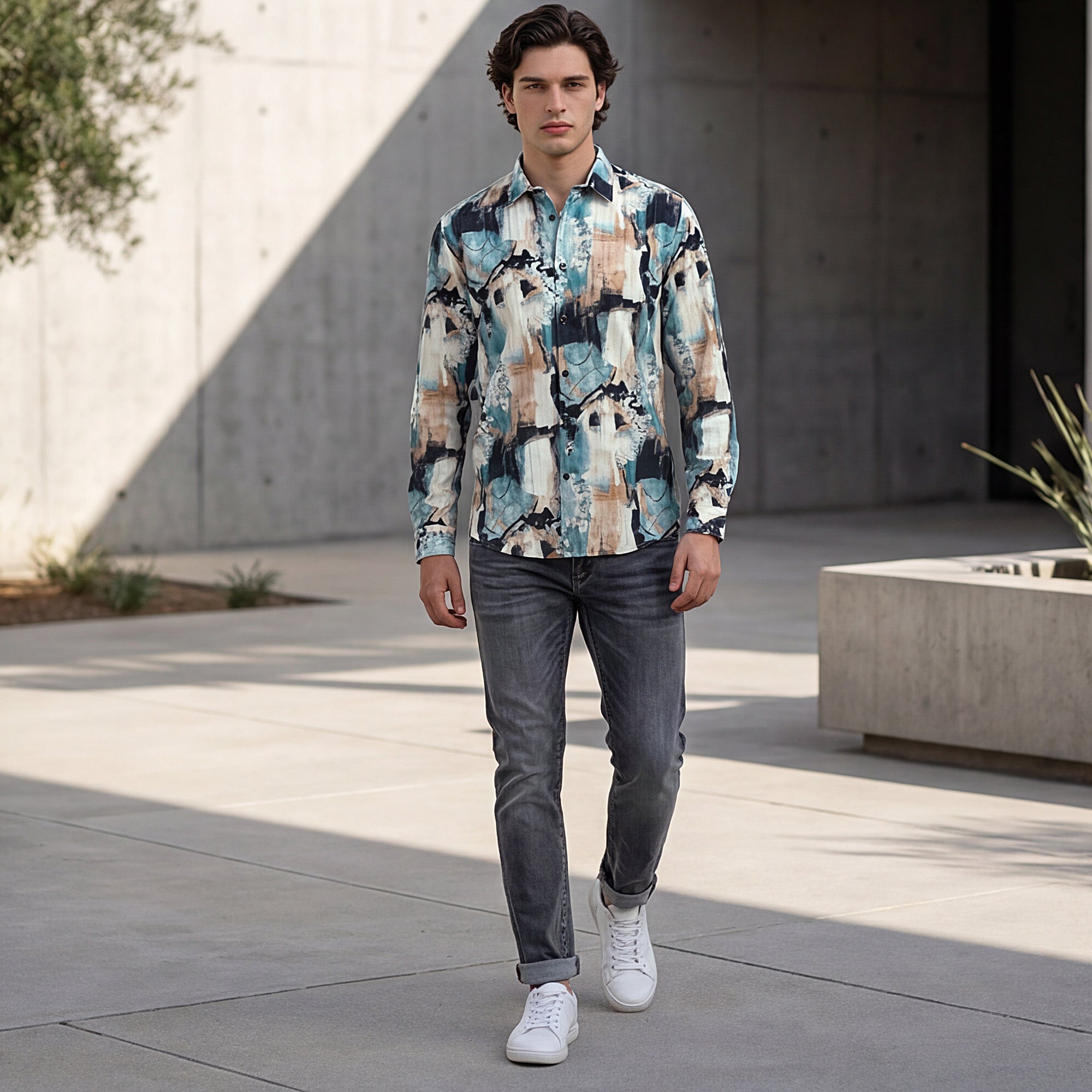 Full Sleeves Slim Fit Offwhite Abstract Painterly Textured Print Shirt