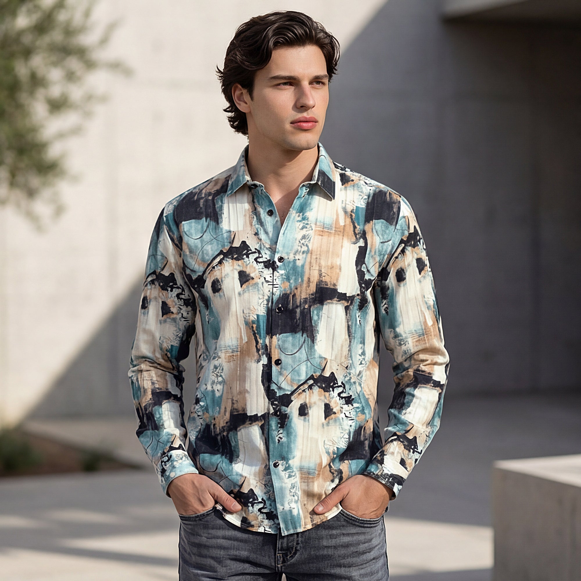 Full Sleeves Slim Fit Offwhite Abstract Painterly Textured Print Shirt