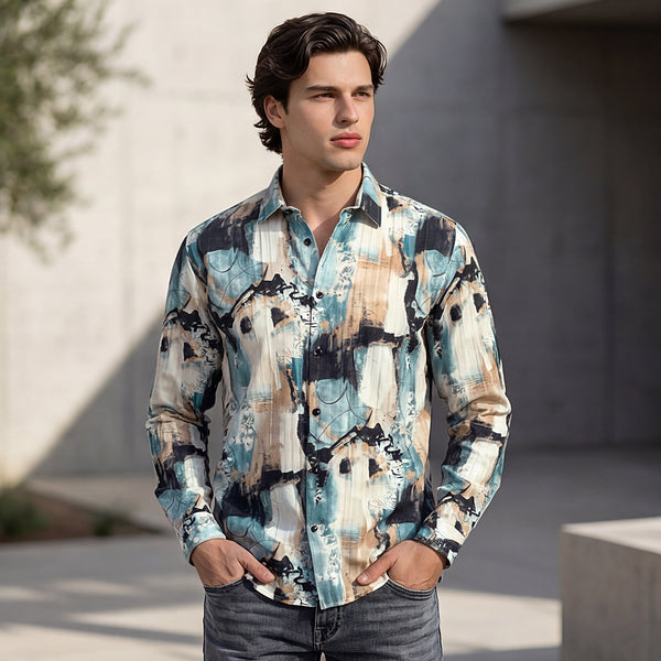 Full Sleeves Slim Fit Offwhite Abstract Painterly Textured Print Shirt
