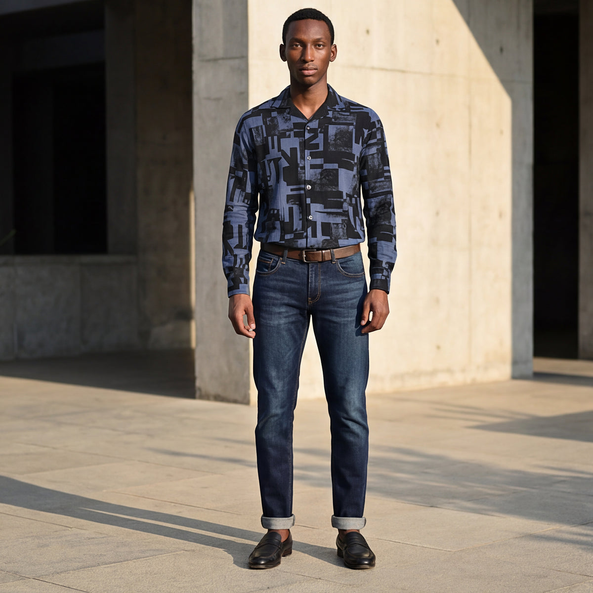 Full Sleeves Staright Fit Black Abstract Geomatric Waffle Textured Print Shirt