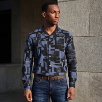 Full Sleeves Staright Fit Black Abstract Geomatric Waffle Textured Print Shirt