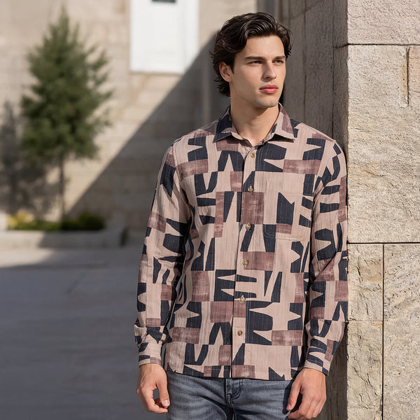 Full Sleeves Slim Fit Beige All Over Abstract Geometric TexturedPrint Shirt