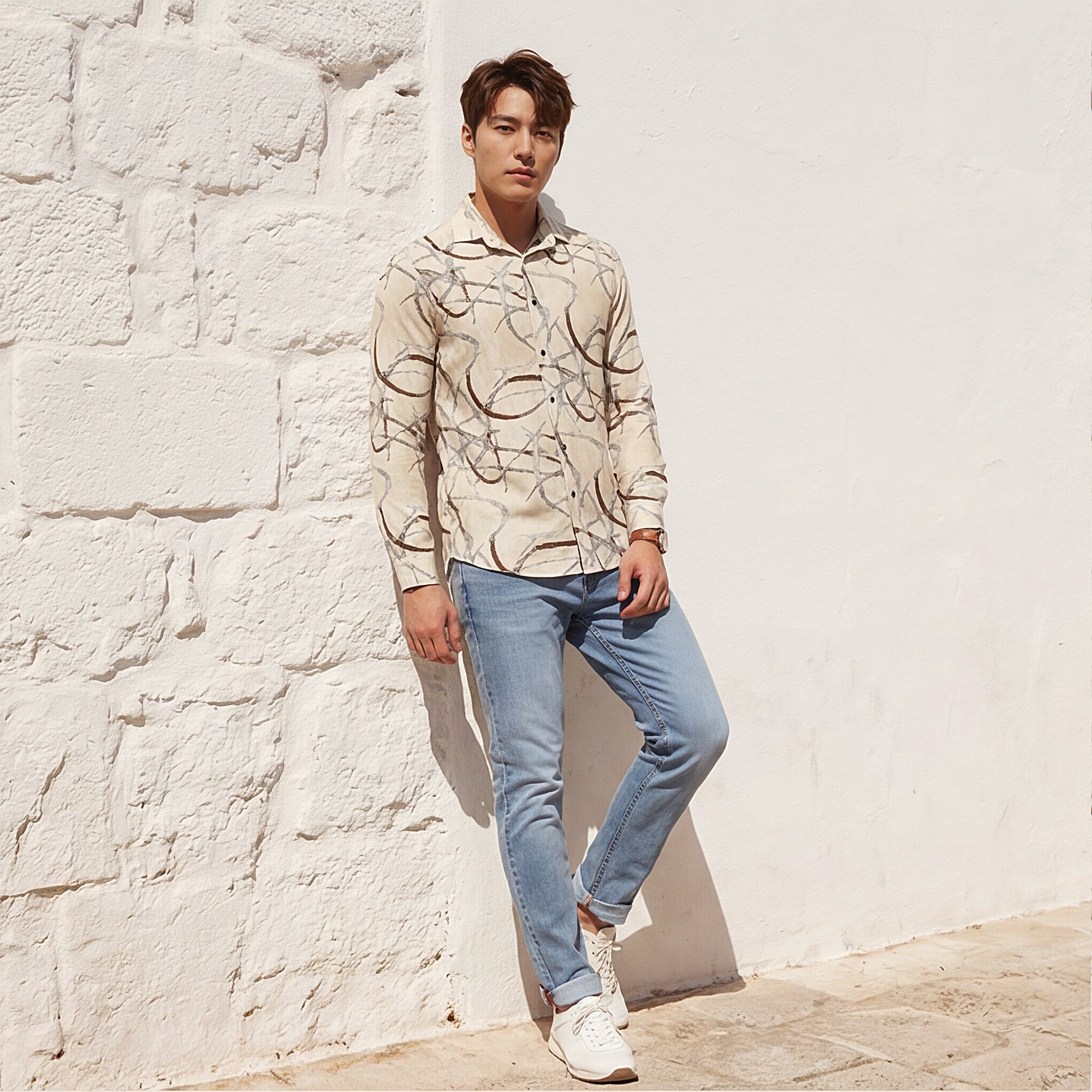 Men Cream Printed Slim Fit Shirt