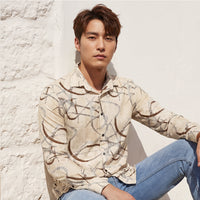 Full Sleeves Slim Fit Beige Abstract Linear Print Shirt