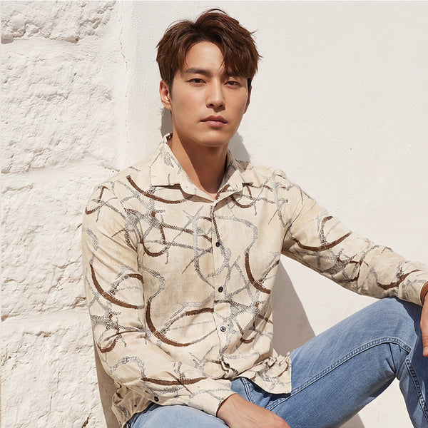 Full Sleeves Slim Fit Beige Abstract Linear Print Shirt