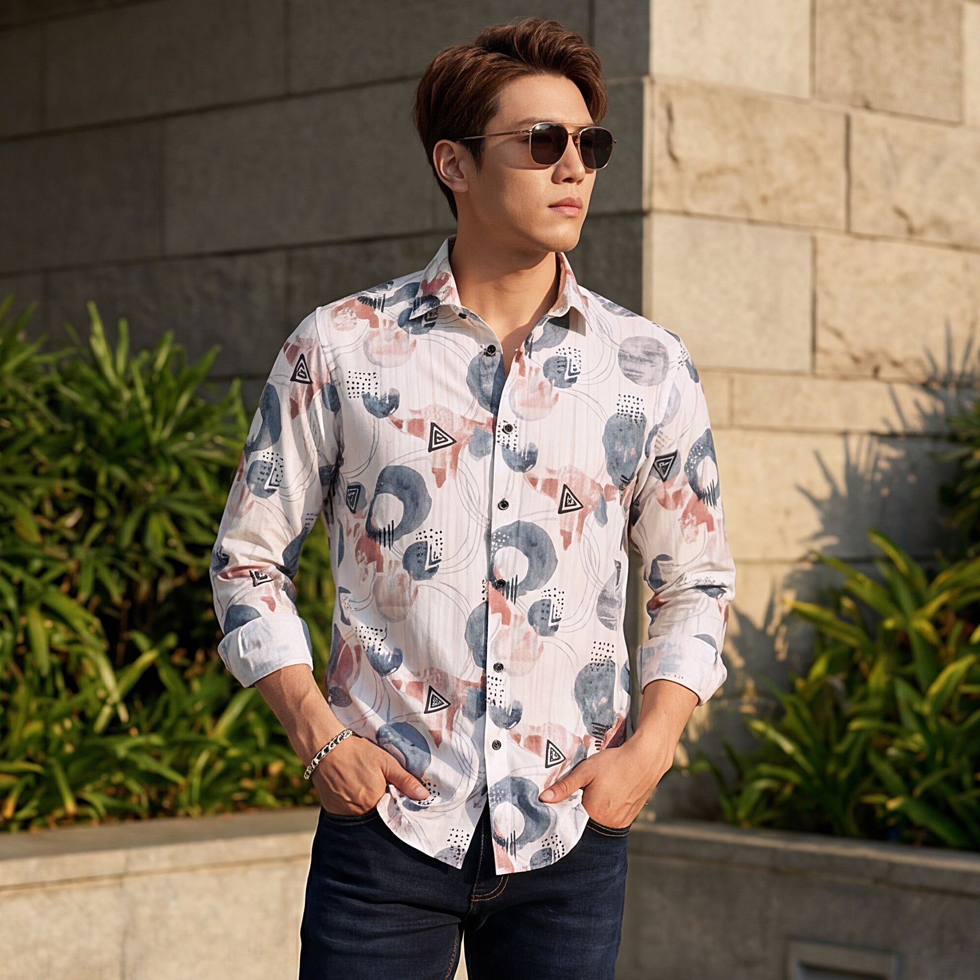 Men Blue Printed Slim Fit Shirt