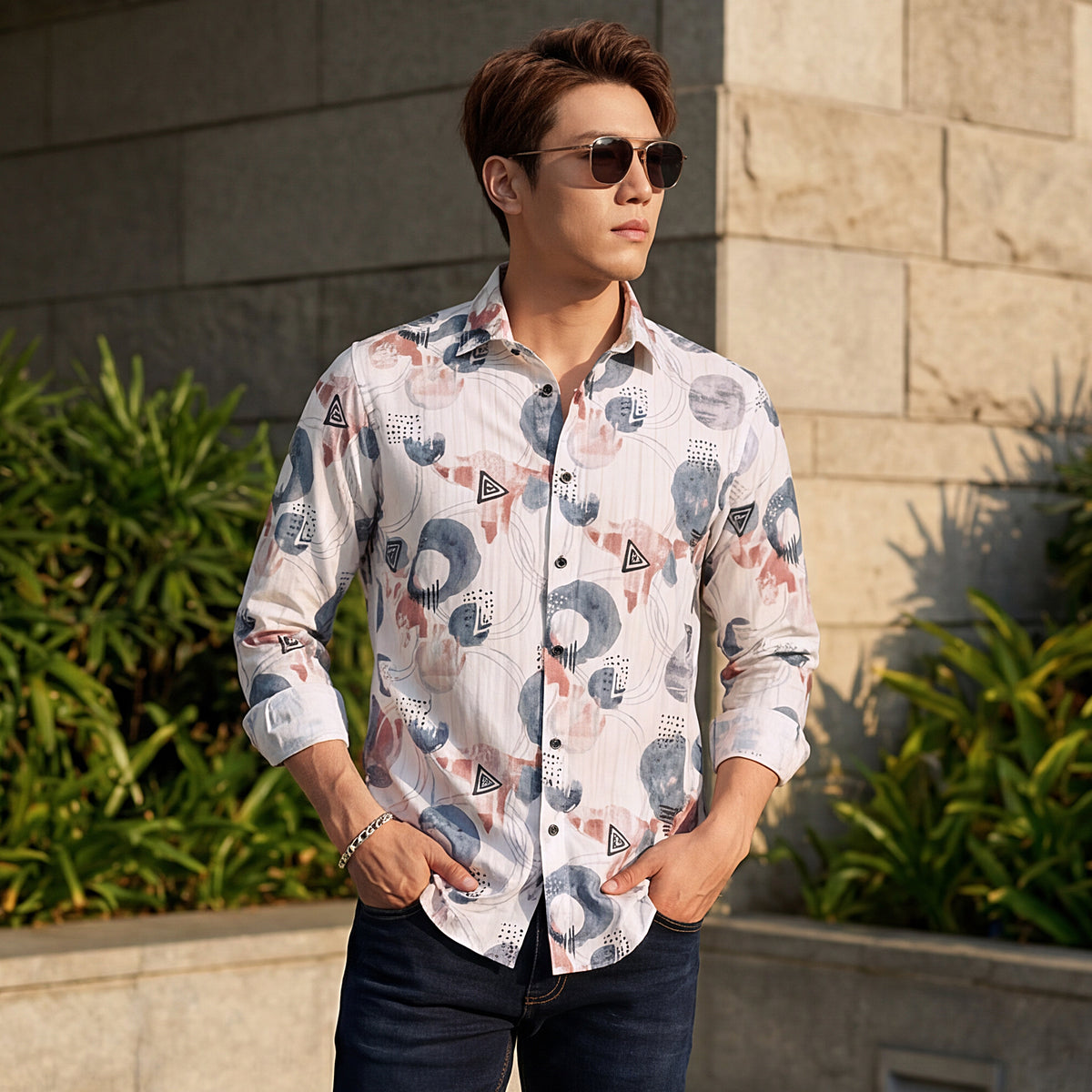 Full Sleeves Slim Fit Blue All-Over Big Abstract Fancy Torn Look Print Shirt