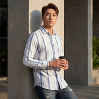 Full Sleeves Slim Fit Blue Distorted Stripes fancy Torn Look Print Shirt