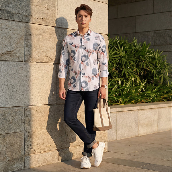 Full Sleeves Slim Fit Blue All-Over Big Abstract Fancy Torn Look Print Shirt