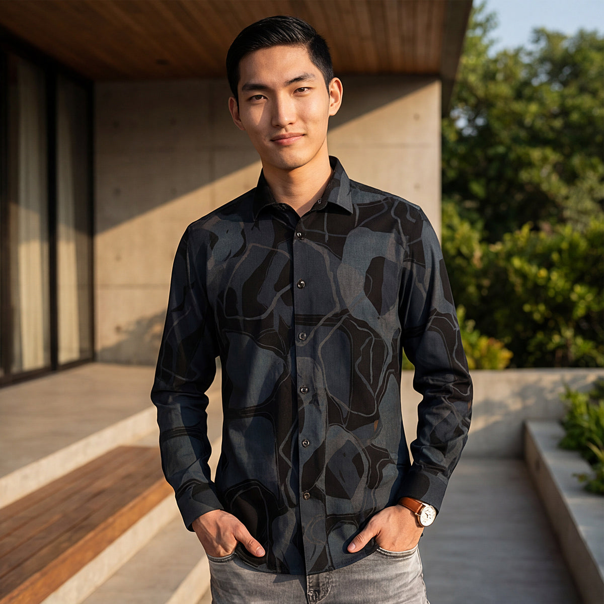 Full Sleeves Slim Fit Dusty Teal All-Over Big Abstract Melange Print Shirt