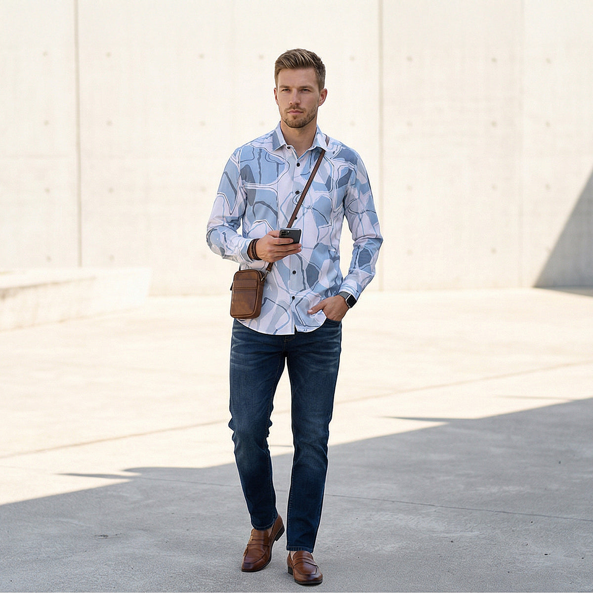 Full Sleeves Slim Fit Blue All-Over Big Abstract Print Shirt