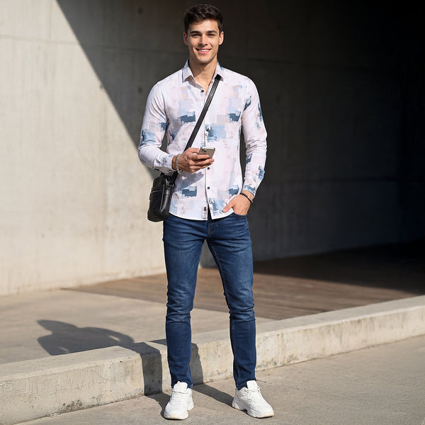 Full Sleeves Slim Fit Light Peach All-Over Grunge Brush Stroke Crushed Print Shirt