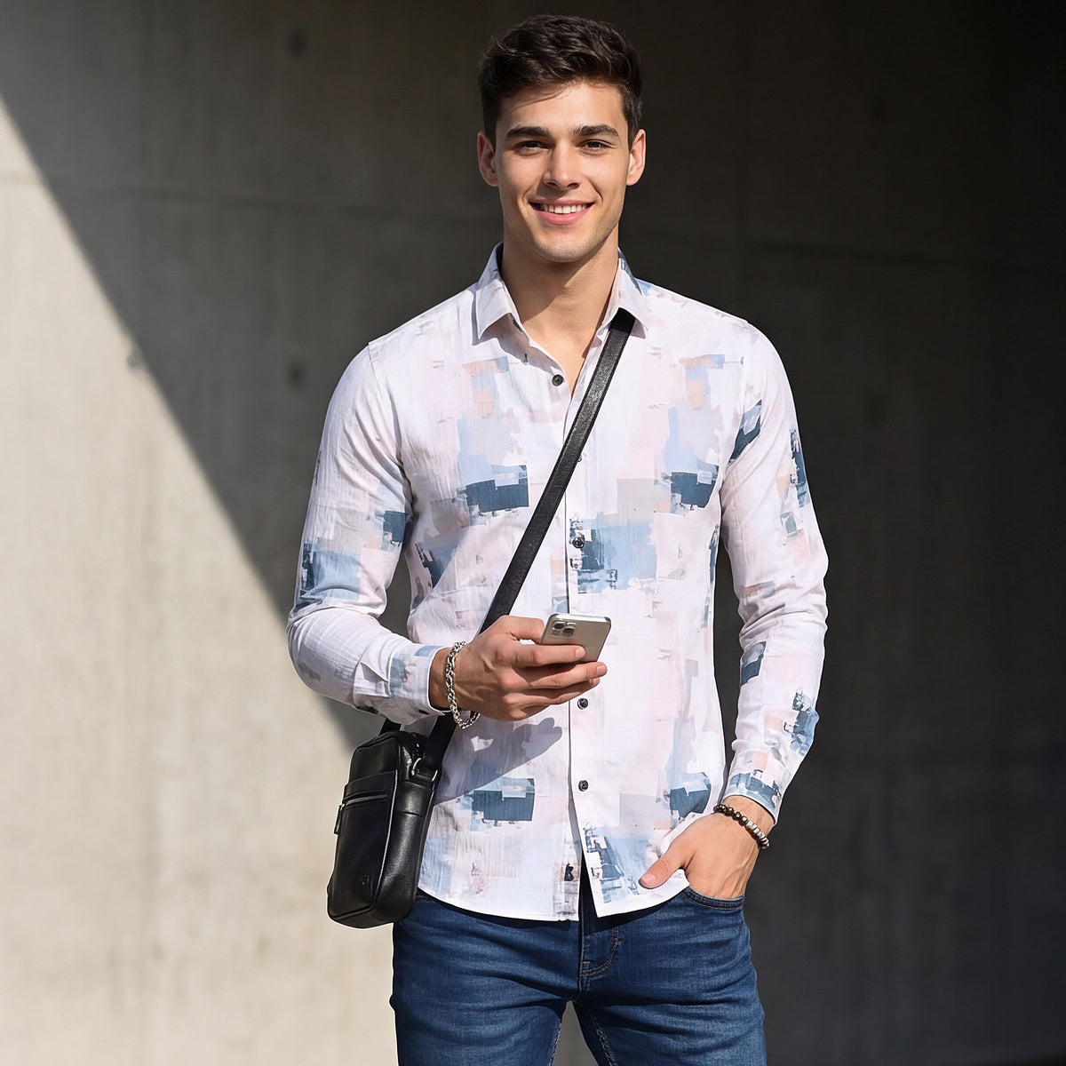 Full Sleeves Slim Fit Light Peach All-Over Grunge Brush Stroke Crushed Print Shirt