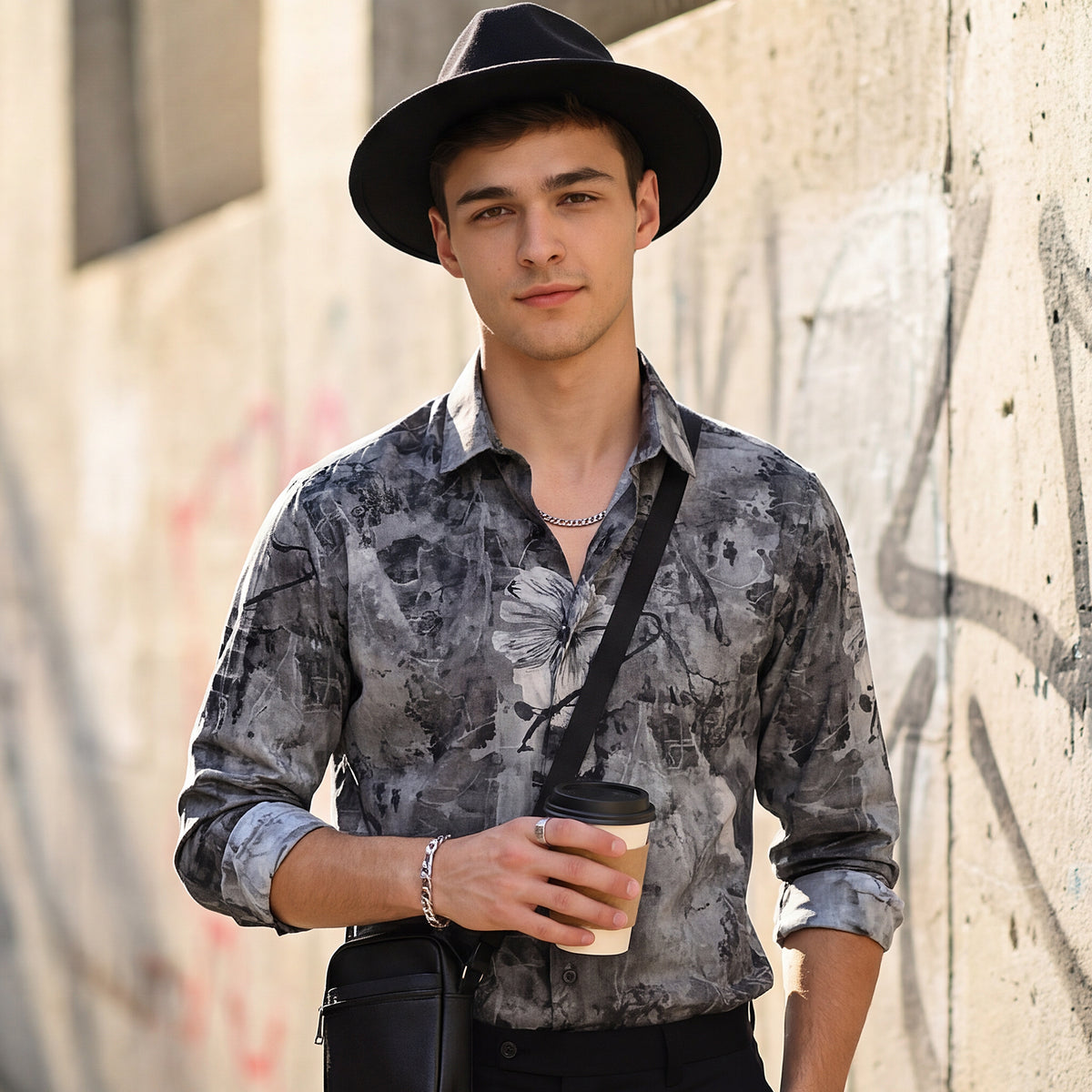 Full Sleeves Slim Fit Charcoal All-Over Grunge Floral Print Shirt