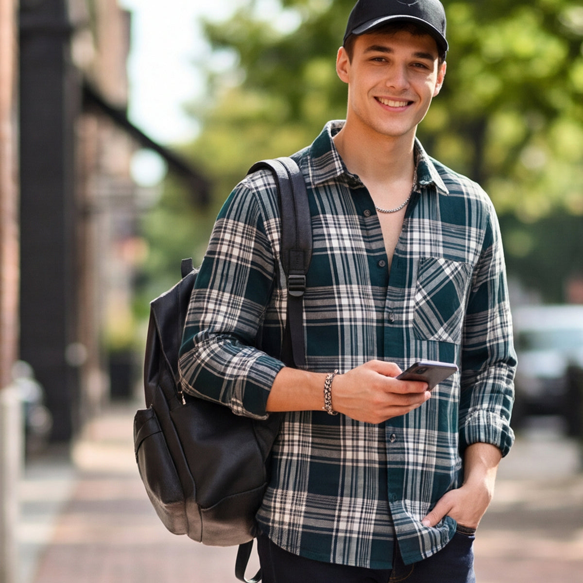 Full Sleeves StaightFit Dark Green Dobby Brushed Checks Shirt