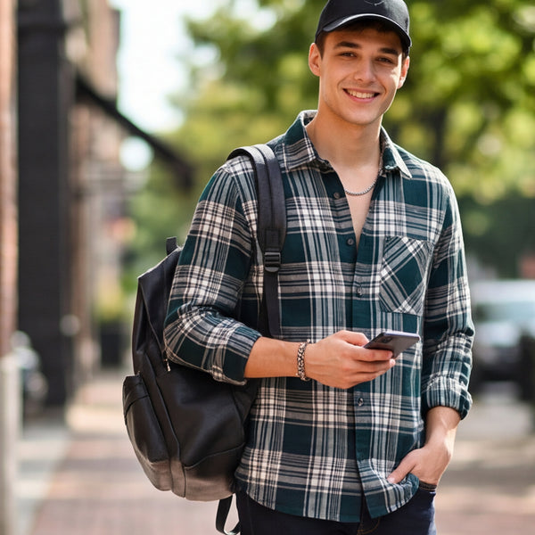 Full Sleeves StaightFit Dark Green Dobby Brushed Checks Shirt