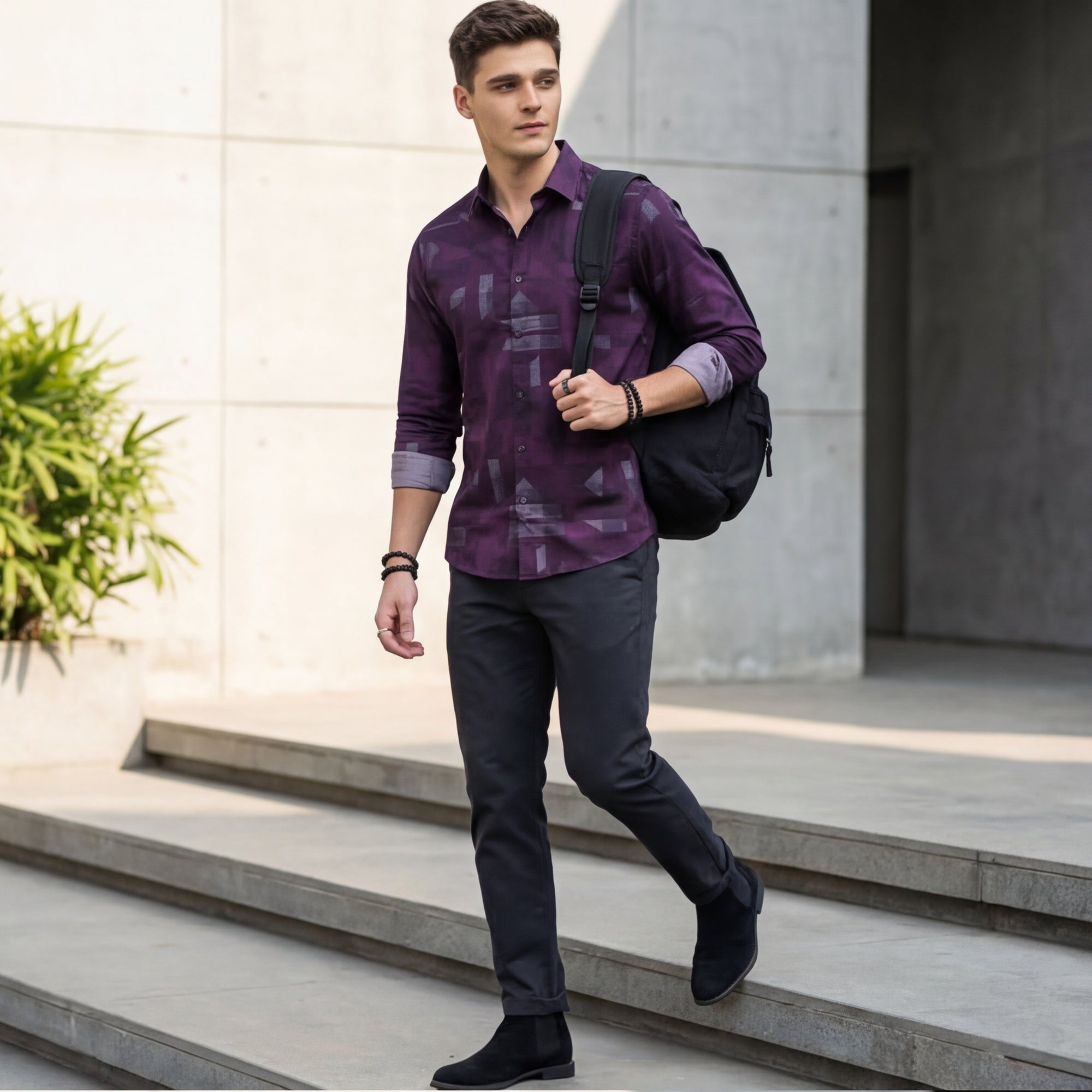 Men Wine Printed Slim Fit Shirt