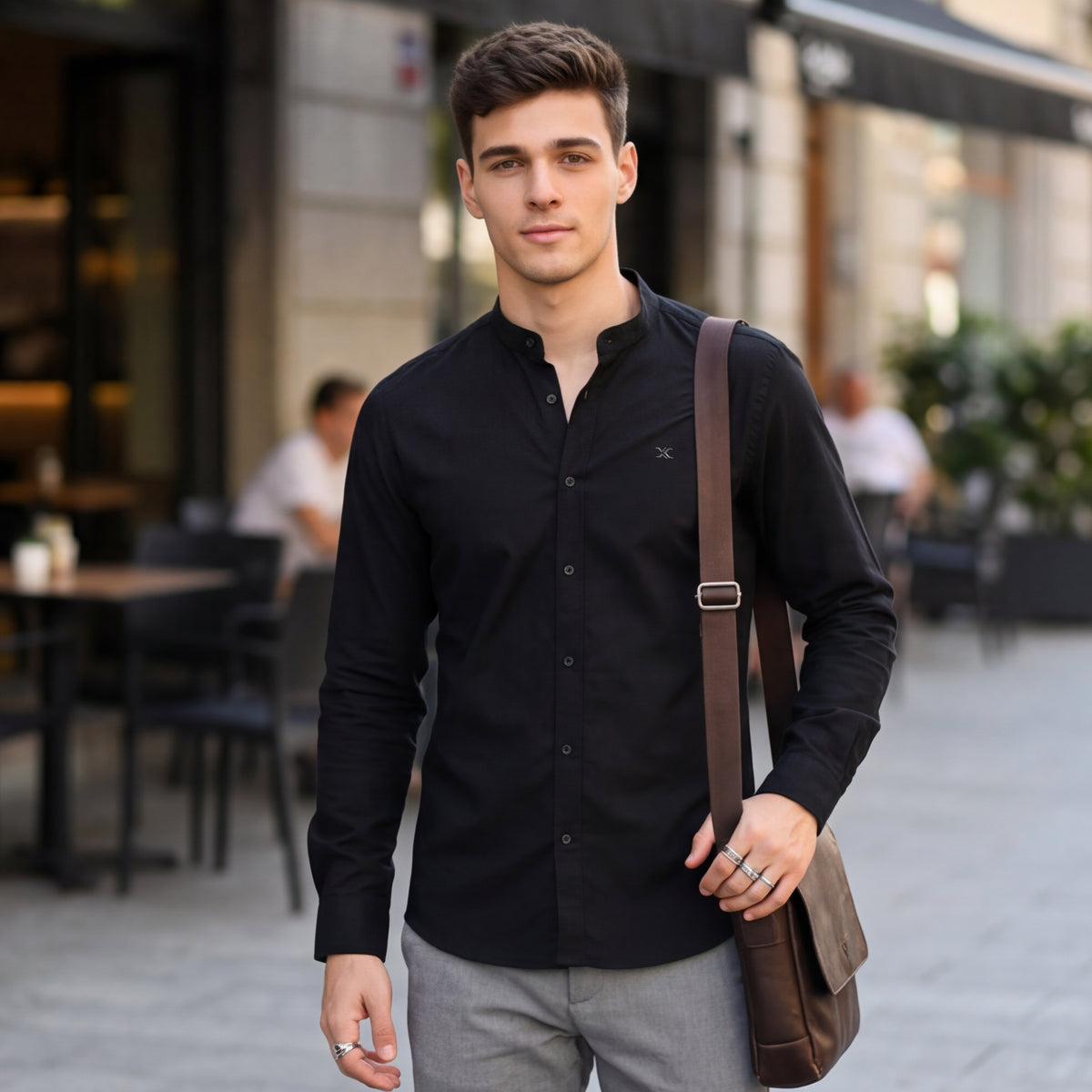 Full Sleeves Slim Fit Black Dobby Structure Mandarine Collar Solid Shirt