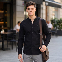 Full Sleeves Slim Fit Black Dobby Structure Mandarine Collar Solid Shirt