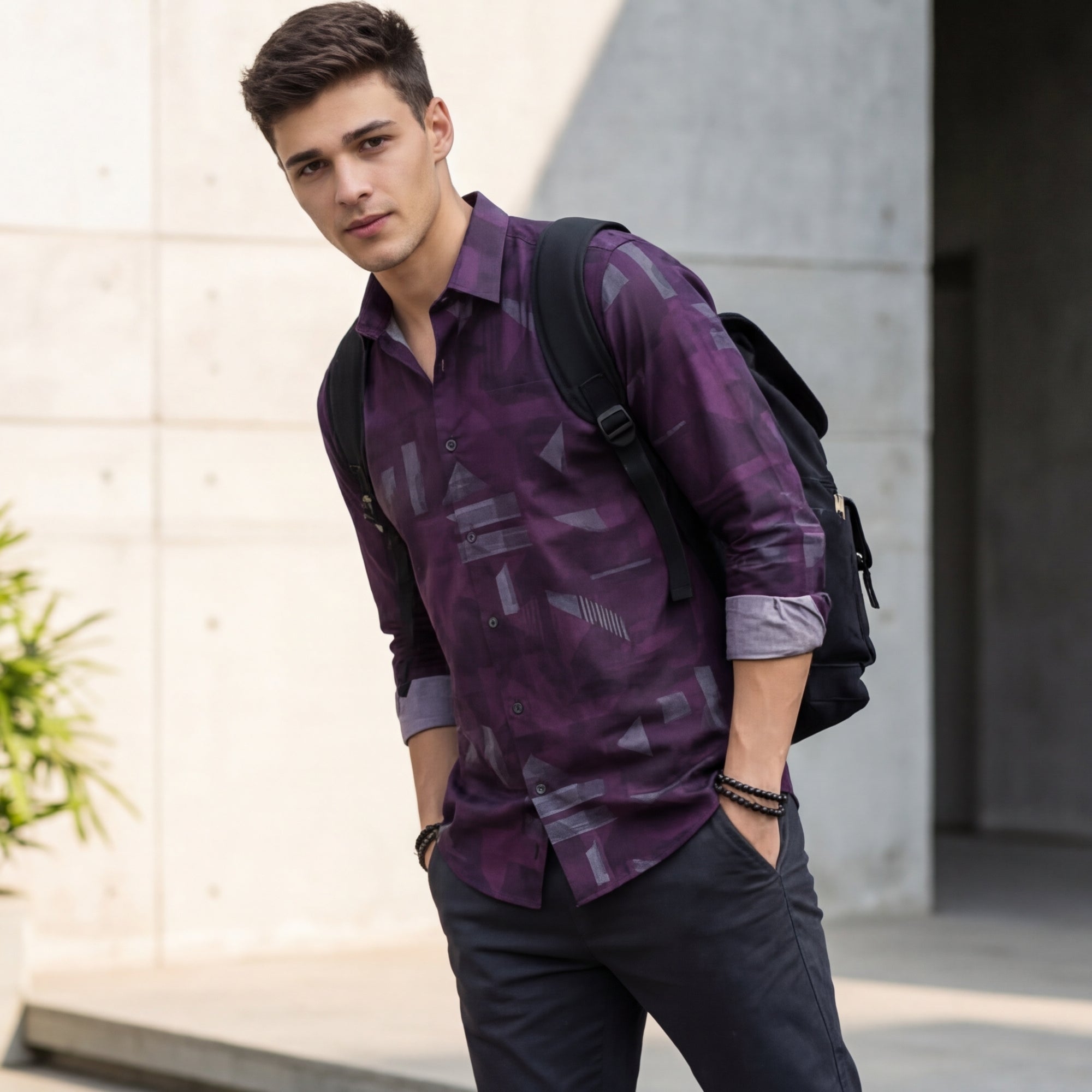 Men Wine Printed Slim Fit Shirt