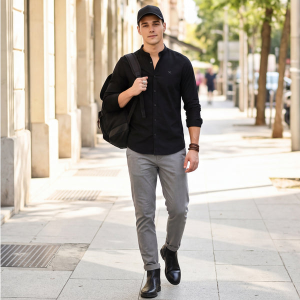 Full Sleeves Slim Fit Black Dobby Structure Mandarine Collar Solid Shi –  Killer Jeans