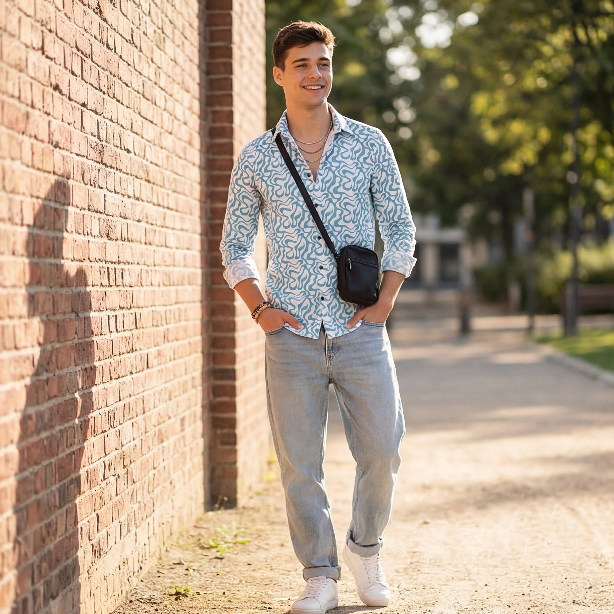 Men Blue Printed Slim Fit Shirt