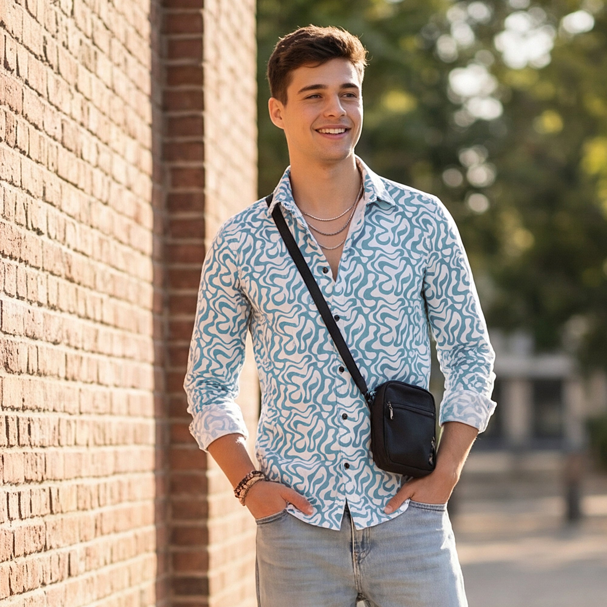 Men Blue Printed Slim Fit Shirt