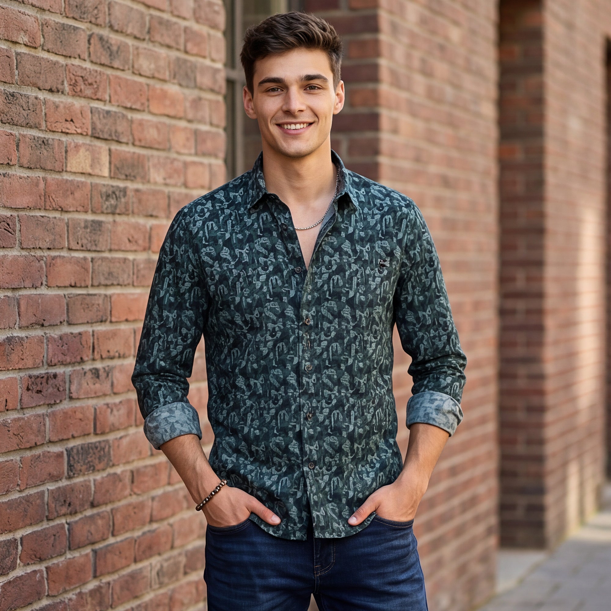 Full Sleeves Slim Fit Dark Green All-Over Small Camou Print Shirt