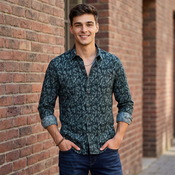 Full Sleeves Slim Fit Dark Green All-Over Small Camou Print Shirt