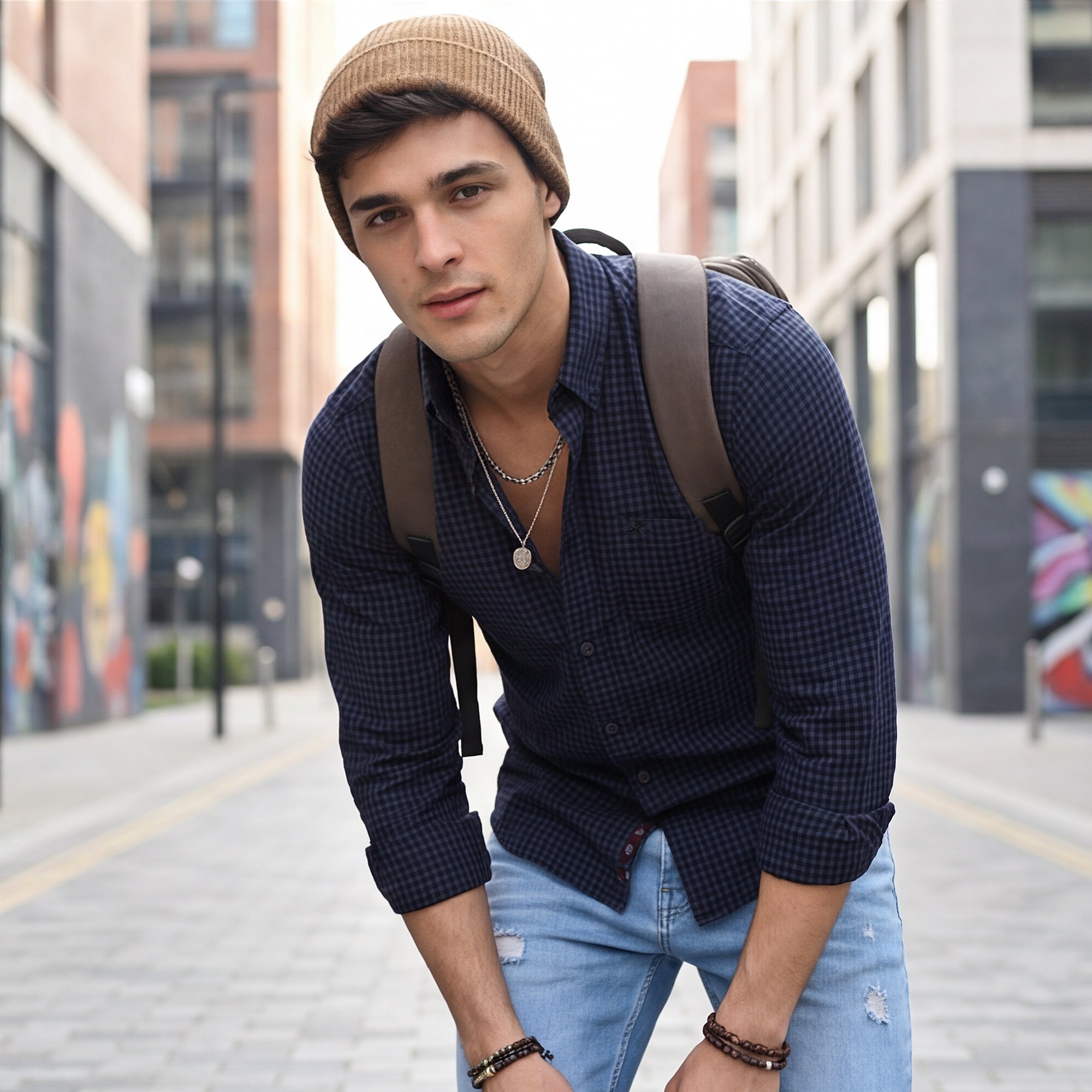 Men Dark Grey Checks Slim Fit Shirt